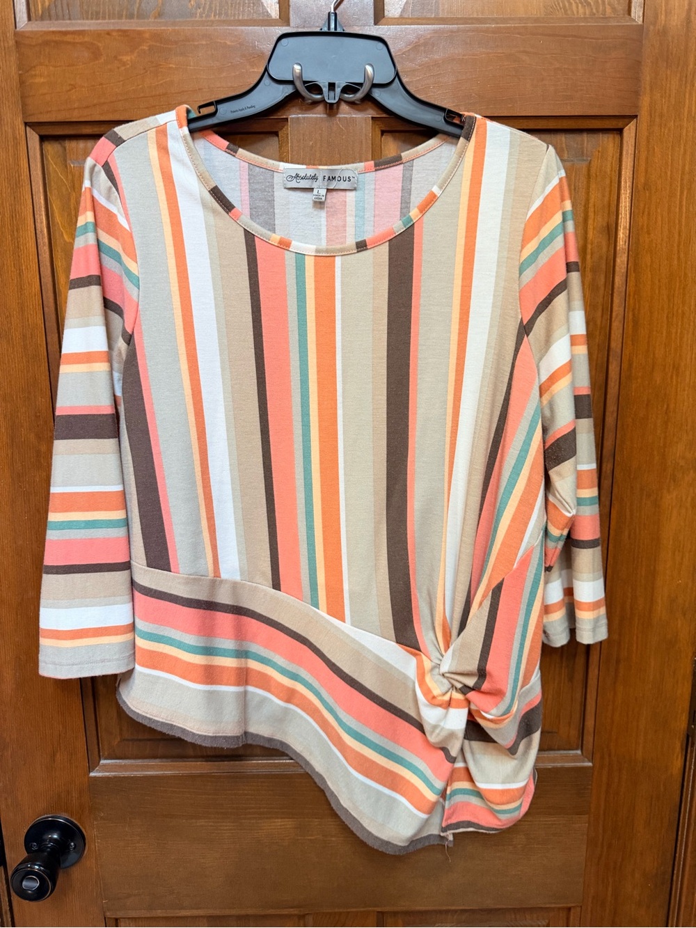 Absolutely FAMOUS Multicolor Striped Knot-Front Women's Top - Coral/Tan